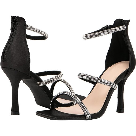Women's Rhinestones Black Strappy Back Zip Casual High Heels Sandals Shoes - Picture 3 of 7